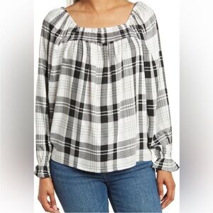 Como Vintage 🆕 Black White Plaid Smocked Neck Peasant Top Cozy Comfy